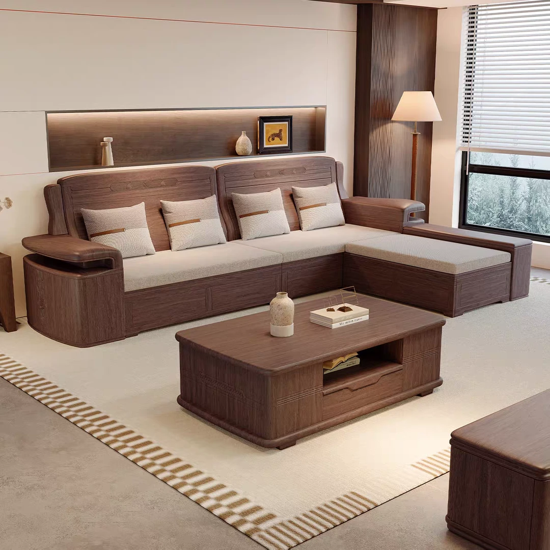 现代中式客厅沙发3.3米胡桃木实木沙发茶几组合冬夏两用储物沙发