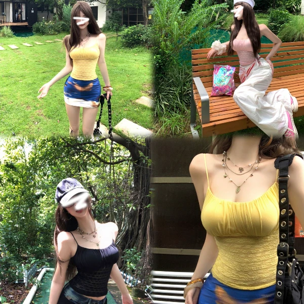 亚裔可露丽设计感收腰自带胸垫吊带背心女纯欲蕾丝无袖上衣