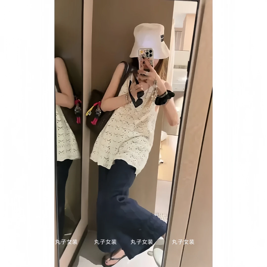 女装夏装套装2025新款爆款法式气质修身镂空V领无袖上衣阔腿长裤