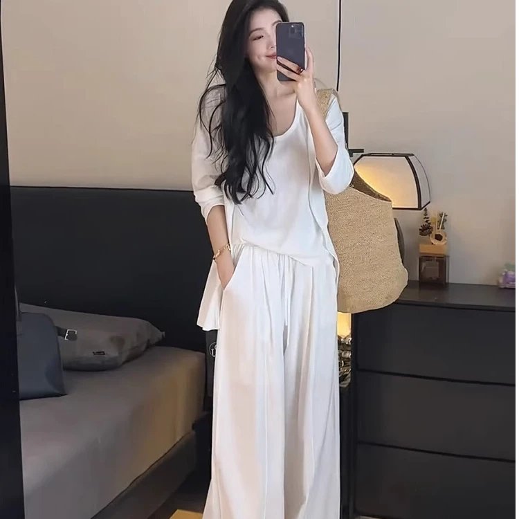 夏季韩系气质减龄宽松薄款防晒白色开衫慵懒背心阔腿裤三件套装女