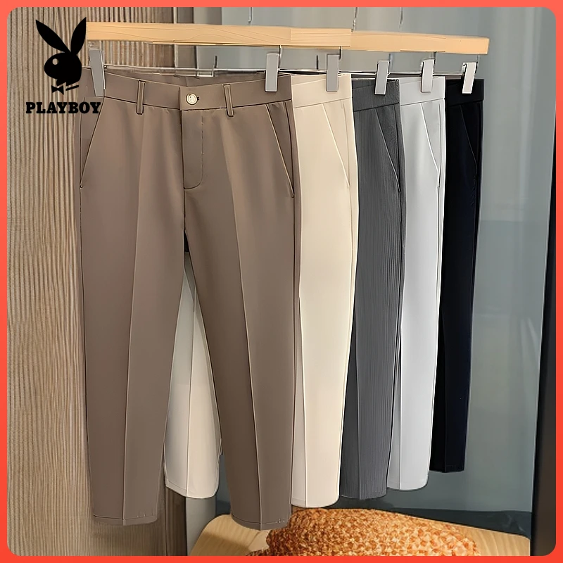 花花公子夏季冰丝休闲西裤男生直筒修身九分西装裤抗皱免烫男士