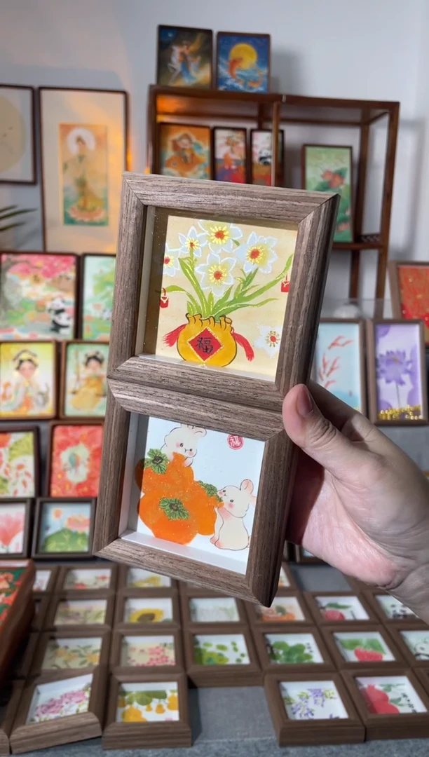 【闪购商品】国画【水仙福袋柿子兔】纯手绘国画摆台