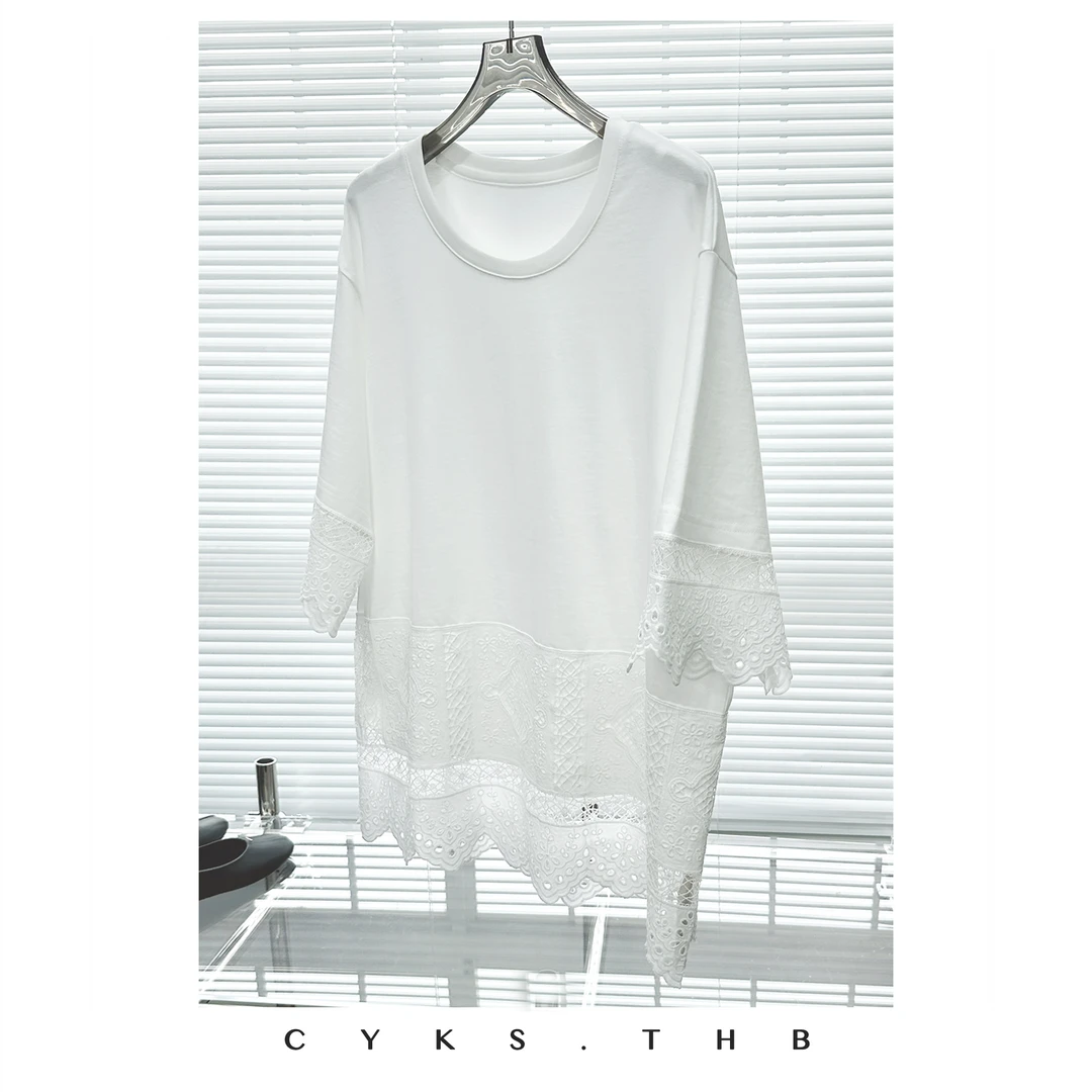 CYKS.THB | 韩系蕾丝绣花花边镂空宽松圆领短袖t恤