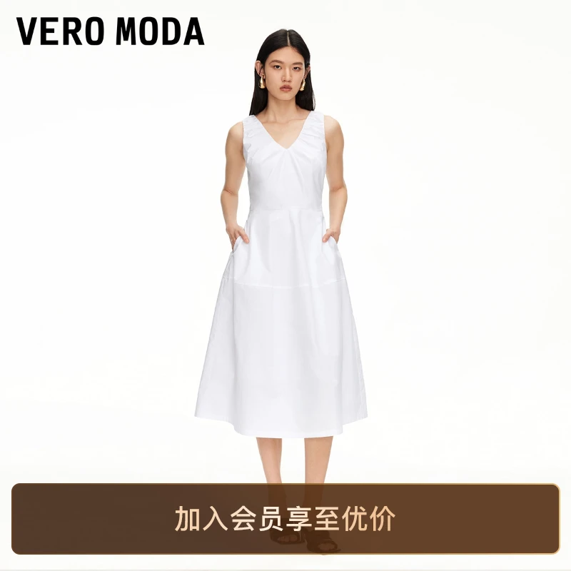 Vero Moda连衣裙新款纯棉V领捏褶设计洋气收腰裙子洋气氧气裙百搭