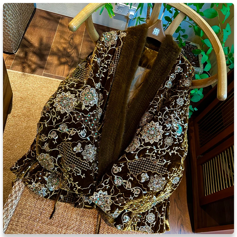 【金枝玉叶】真丝绒重绣国潮新中式奢华水貂鹅绒服S98721