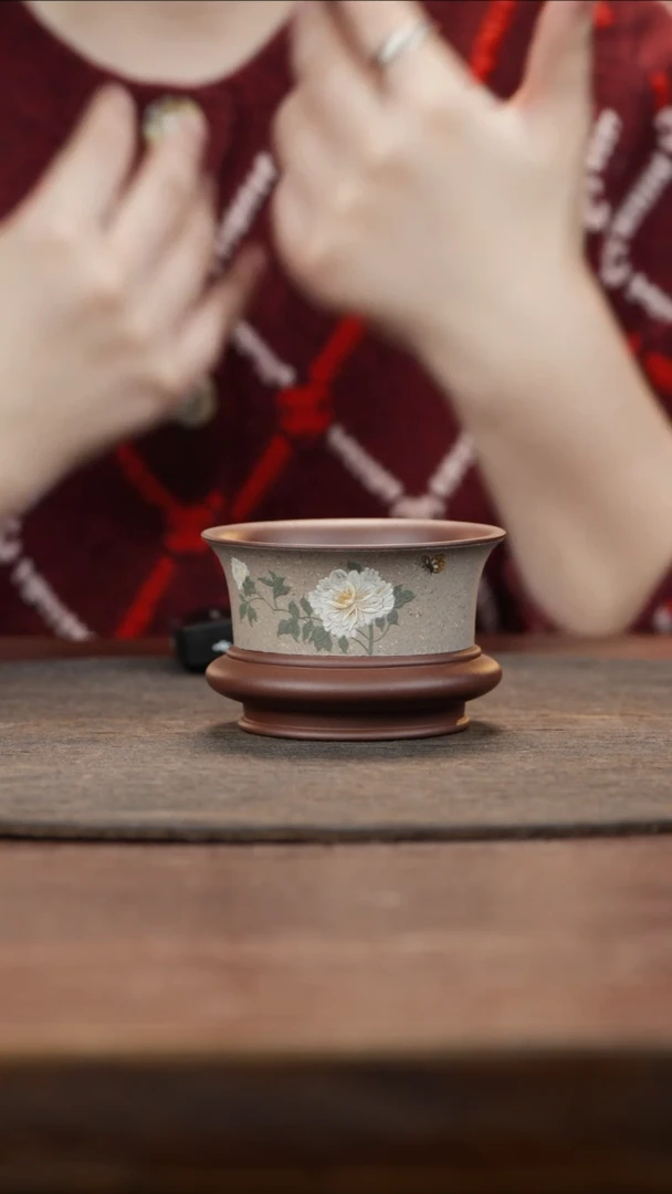 【闪购商品】紫砂茶叶罐定窑白泥绘牡丹明炉杯