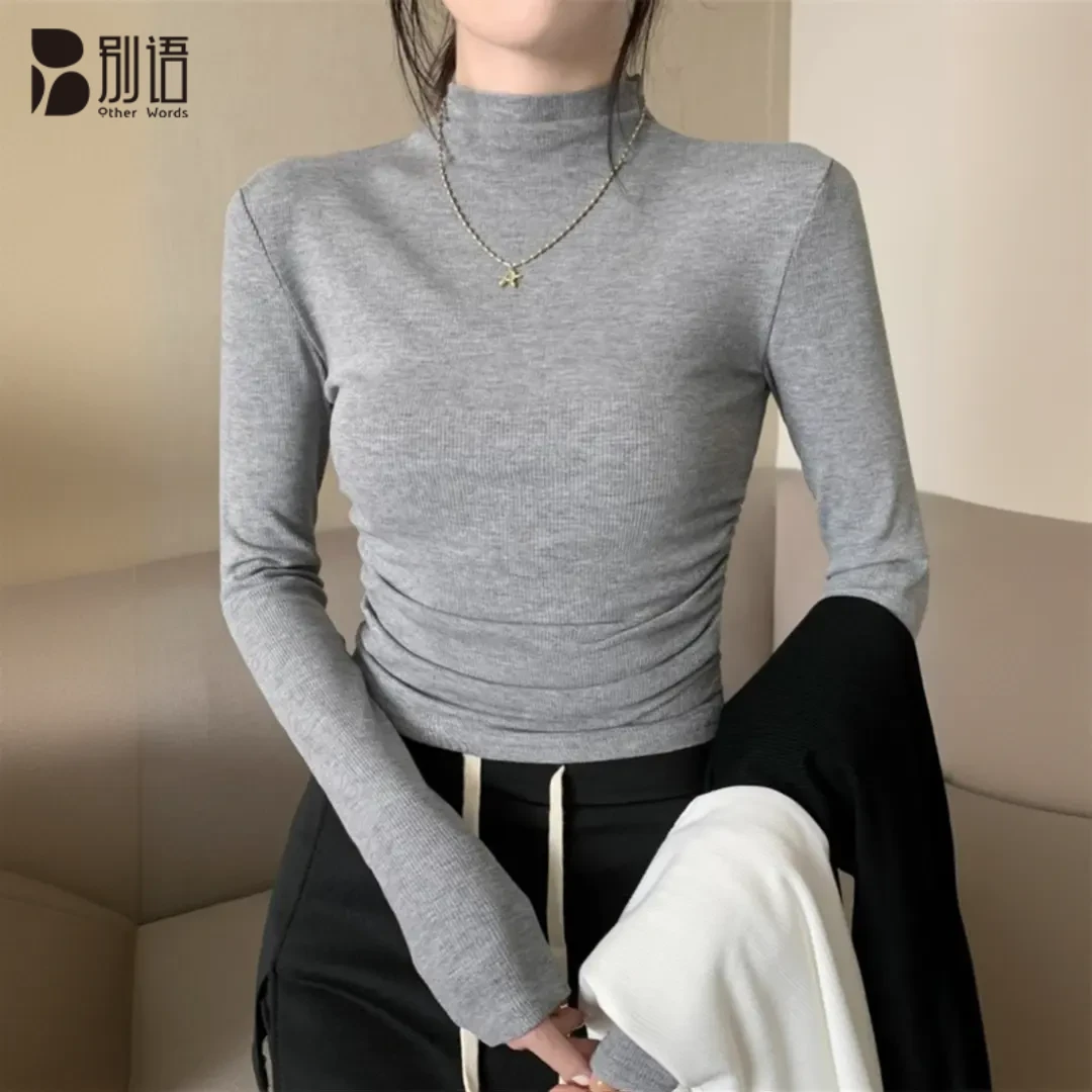 半高领褶皱长袖女修身洋气打底衫女正肩针织打底上衣秋季高级内搭