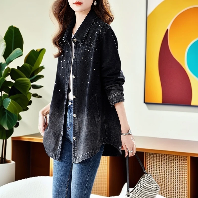 牛仔衬衫女春秋大码胖mm复古港风衬衣洋气2025新款中长款外套上衣