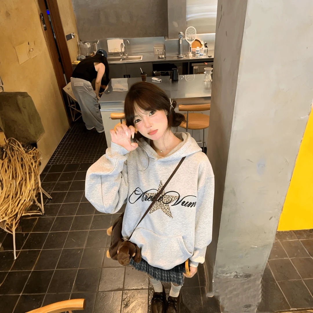 美式复古豹纹星星字母印花图案套头连帽卫衣宽松休闲百搭长袖外套