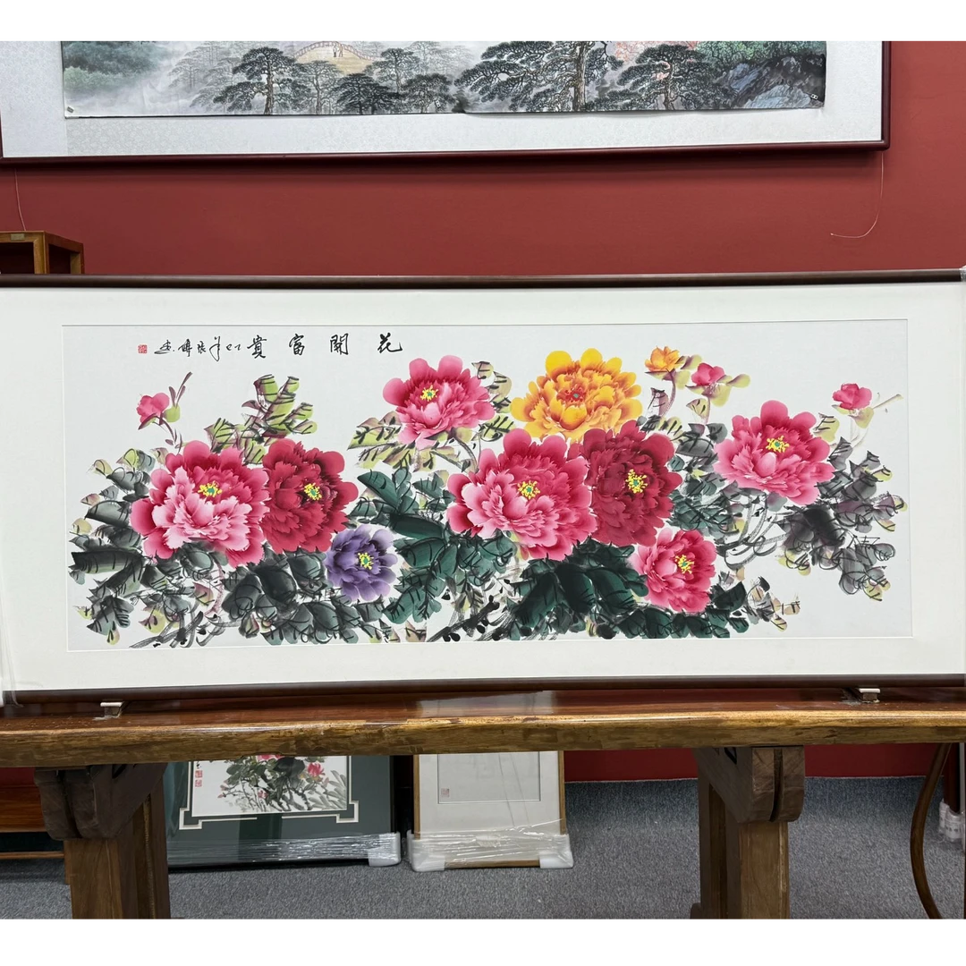 手绘【花开富贵】客厅装饰画牡丹国画横版挂画HNY-003