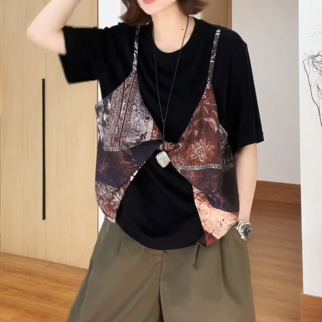 2025新款【坠入梦境】假两件圆领短袖时尚百搭T恤上衣LK2504650