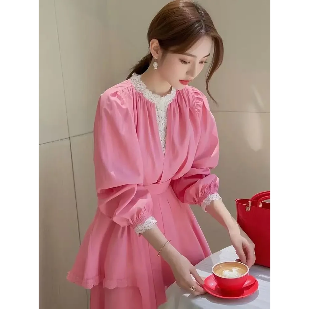 4165春季新款设计感小众粉色蕾丝花边衬衫女半身裙显瘦两件套装女