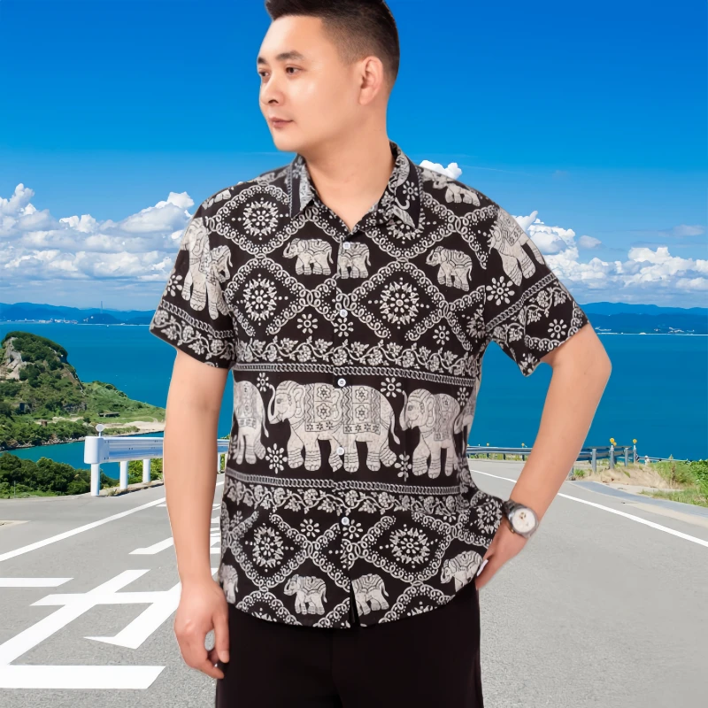 夏沙滩服真丝质感男女衬衫短袖家居服休闲情侣花衬衣印花男女上衣