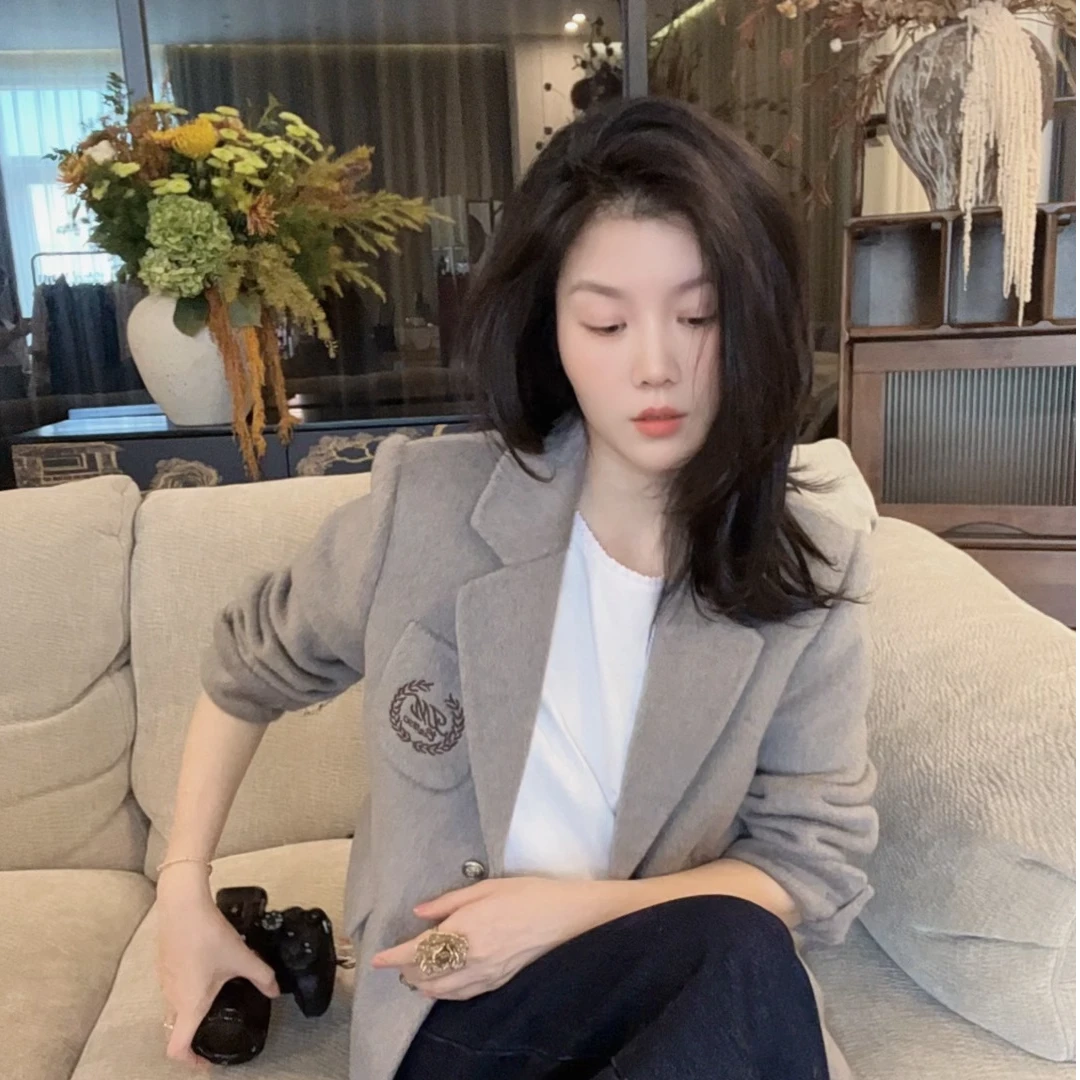【悦悦专属】早秋毛呢刺绣口袋学院校园风外套Y976
