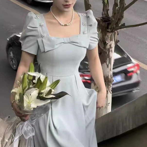 Q2941温柔似水！浅蓝方领蝴蝶结连衣裙，珍珠点缀尽显优雅气质