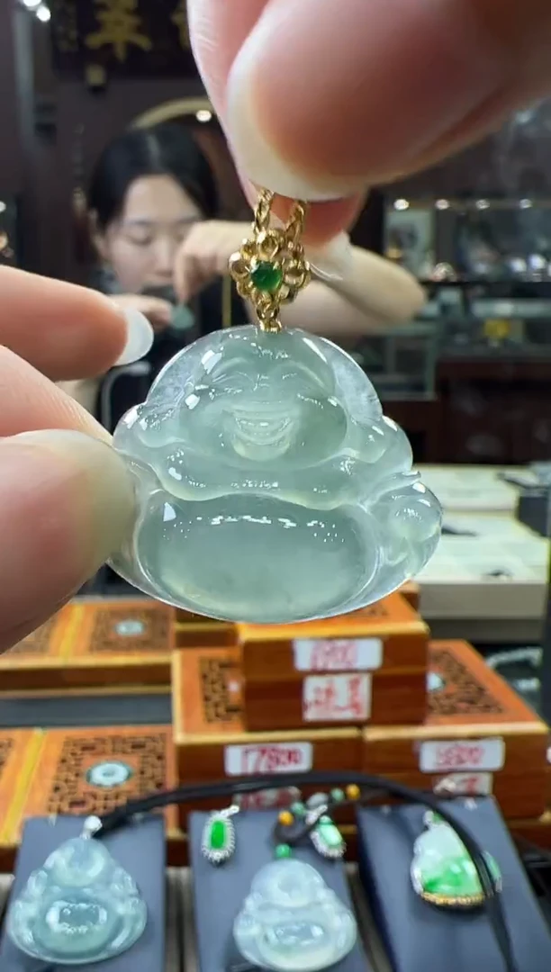 翡翠挂件18K金镶嵌佛公 不含链