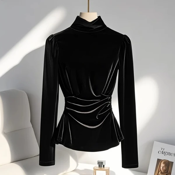 法式独特超好看小香风内搭衬衫2025春季轻奢高级感黑色丝绒上衣女