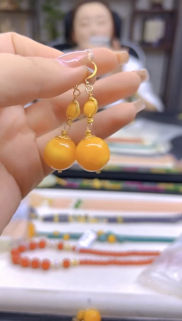 14K金镶嵌蜜蜡耳饰DIY款E496