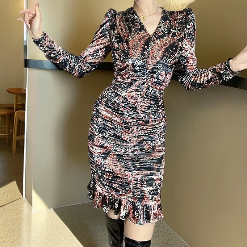 【Fiona原创】腰果花丝绒修身包臀短款连衣裙