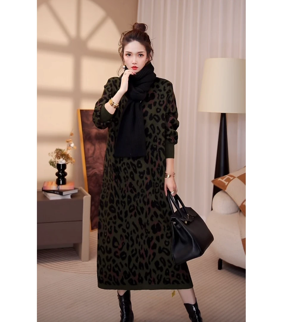 高端品质【布鲁克林】冬季高档时尚豹纹毛衣显瘦微胖连衣裙-6613#