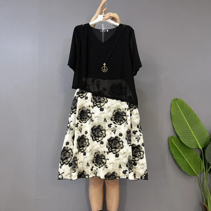 夏季新款大码女装时尚气质假两件不规则设计显瘦连衣裙