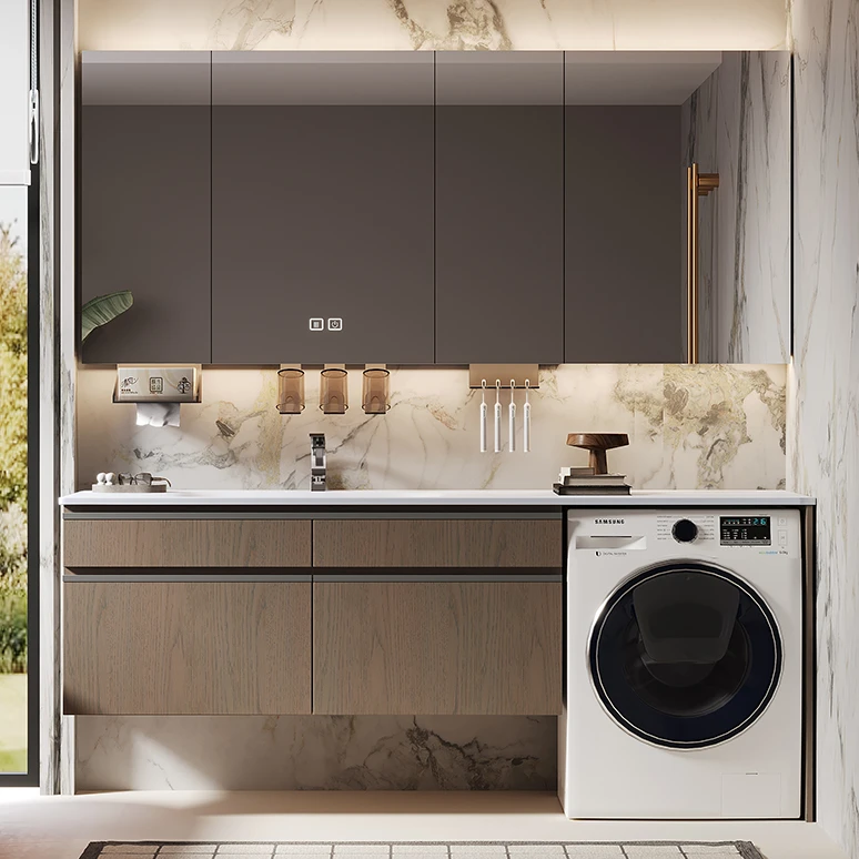 高级酒店风洗衣机一体柜岩板热弯一体E0级实木免漆浴室柜洗淑台柜