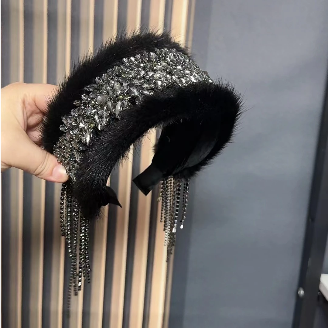 津玲轻奢宽边流苏黑色满钻水貂毛洋气时尚发饰发箍气质简约貂毛