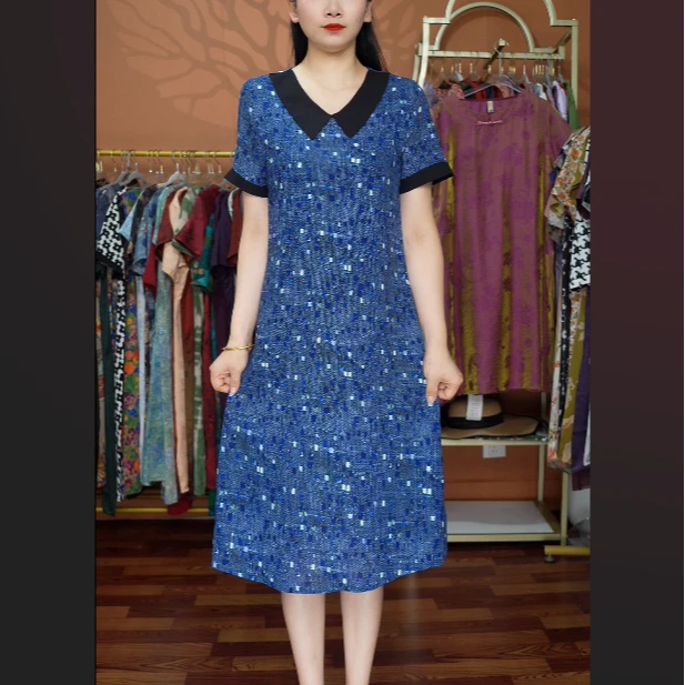 【蓝金娃娃领】2025夏季妈妈装气质短袖连衣裙洋气中年女装宽松长裙