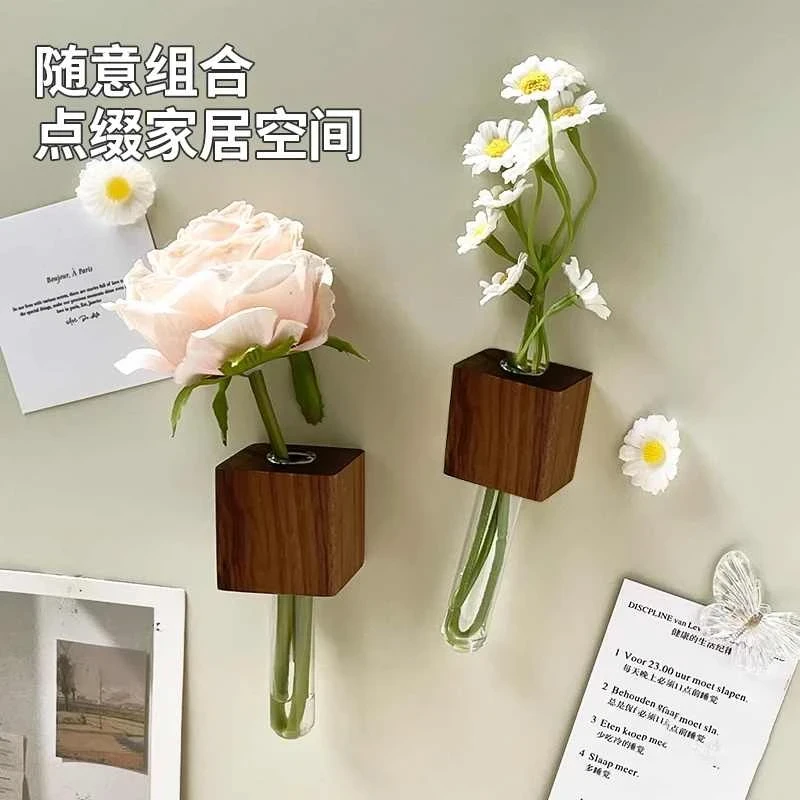 实木插花器磁吸冰箱贴胡桃木可养花创意装饰试管小花瓶无痕
