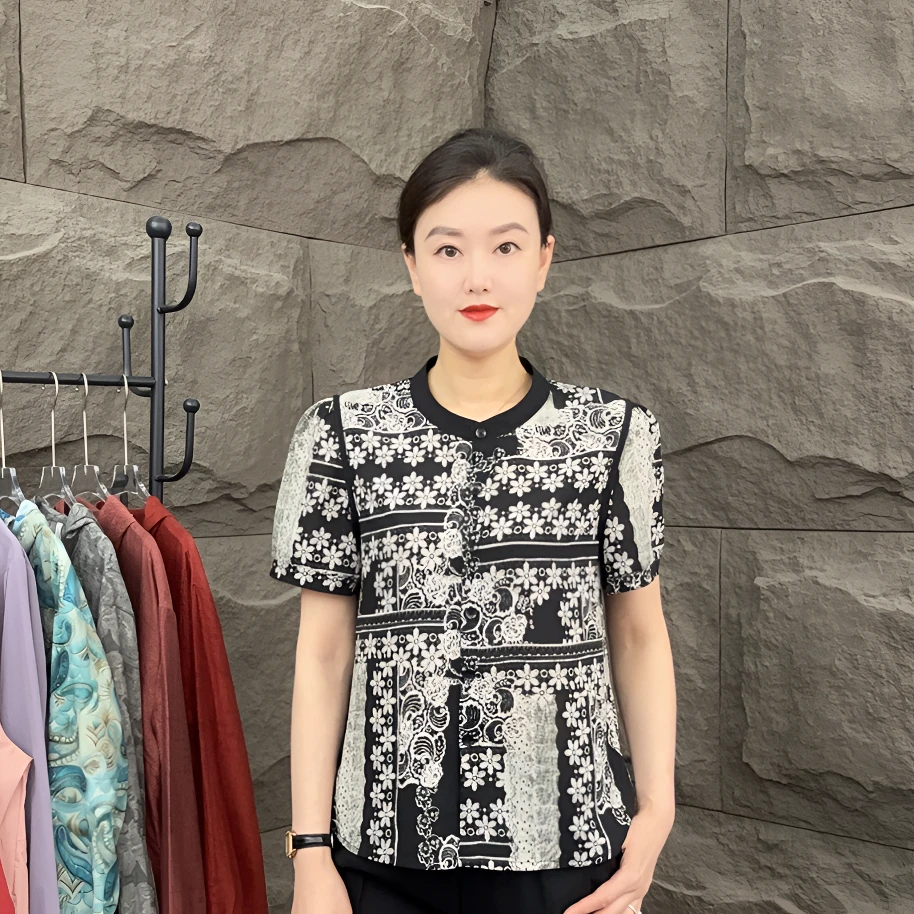 2025新款夏季法式圆领时尚碎花衬衫气质修身显瘦高级感设计感短袖