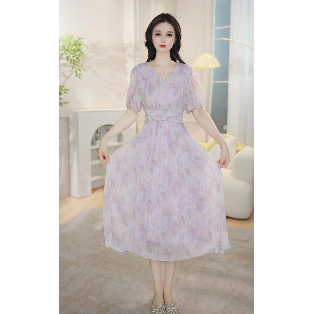 2025夏季新款裙子高端轻奢碎花优雅百搭显瘦修身时尚连衣裙25123