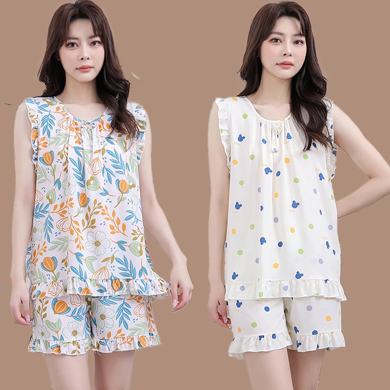 棉绸短袖洋气睡衣女套装夏短裤夏天薄款大码背心宽松家居服两件套