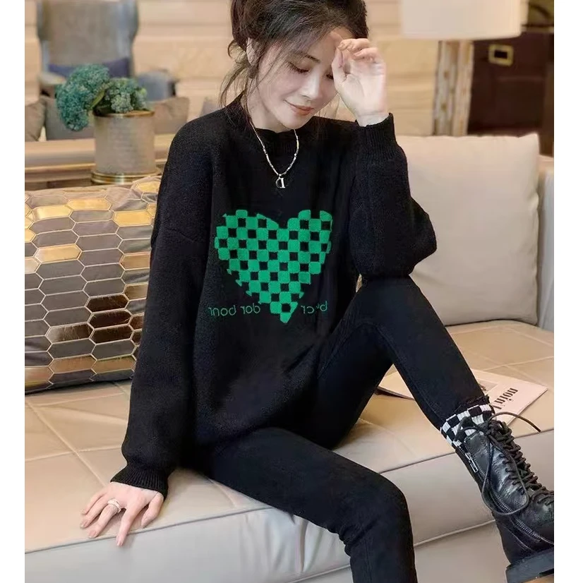 黑色圆领毛衣女加厚宽松慵懒风套头打底针织衫新款欧洲站