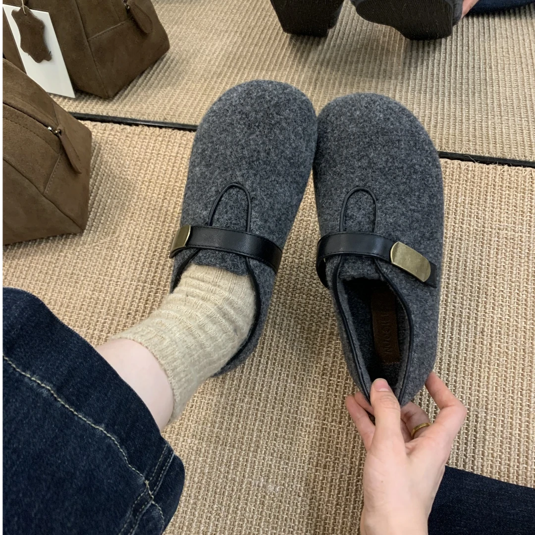 NQL-263-3复古魔术贴加绒保暖毛毛鞋女2025通勤平底勃肯鞋棉鞋