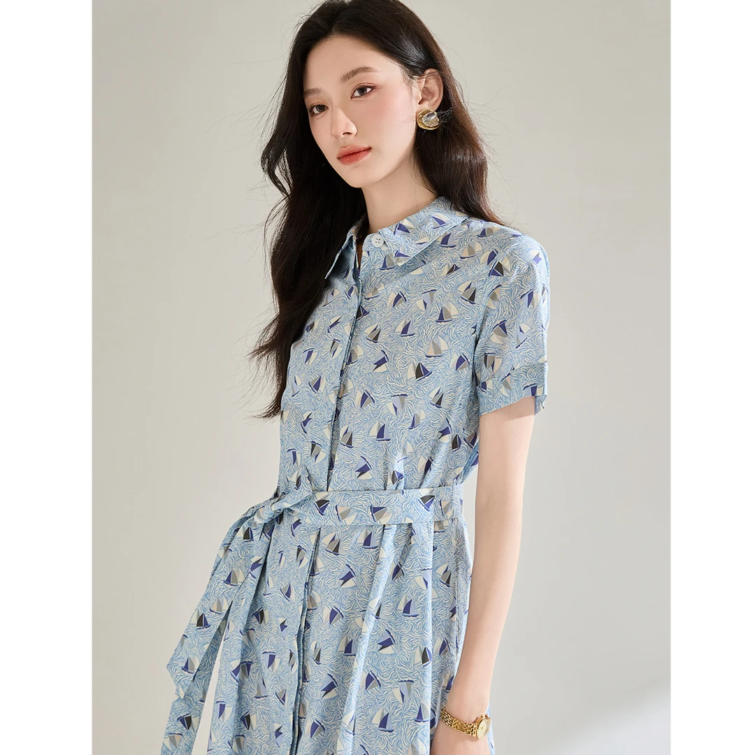 【直播间同价】禾夏抗皱全棉印花衬衫领腰带连衣裙18830