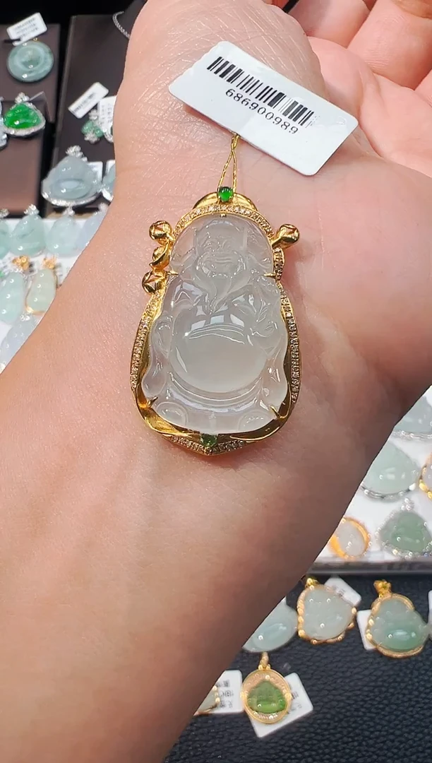 吊坠(不含链)18K金镶嵌翡翠财神爷吊坠989