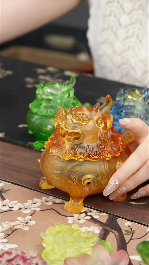 手工艺品琉璃黄色狻猊香炉中号