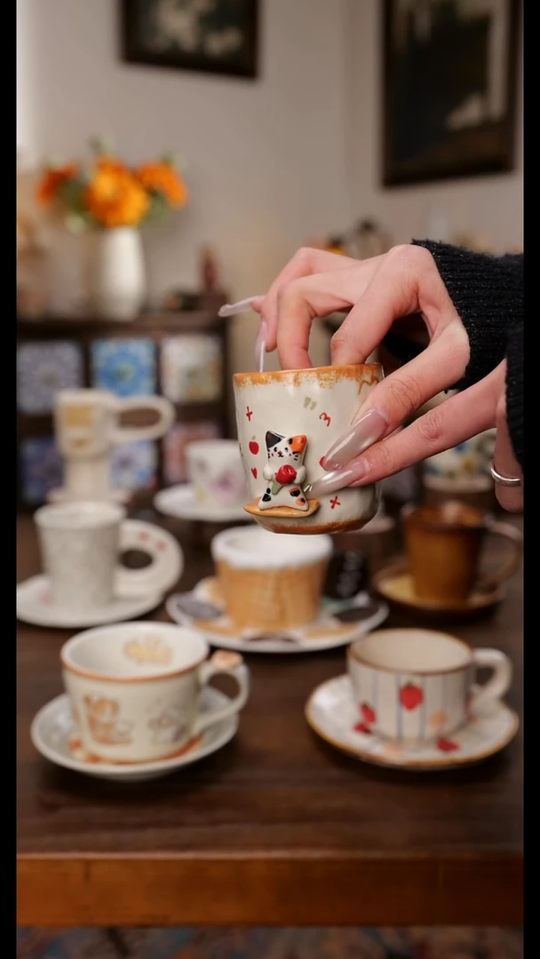 陶瓷便携款景德镇手作三花小猫杯  手绘釉下彩