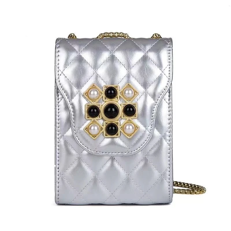 2024新款手机包小众洋气高档斜跨包银色珍珠