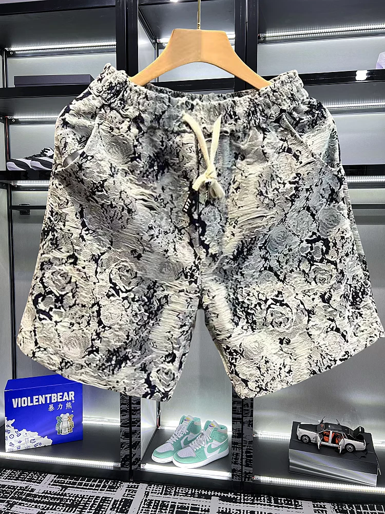 夏季新款设计感花卉牛仔短裤男时尚百搭宽松青花瓷五分裤休闲裤子