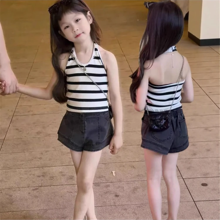 女童炸街套装夏季2025新款儿童宝宝洋气条纹挂脖背心牛仔短裤韩