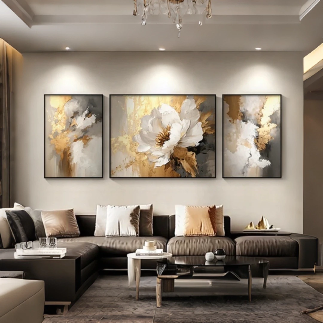 现代客厅高级感装饰画三联抽象画沙发墙花卉挂画6080
