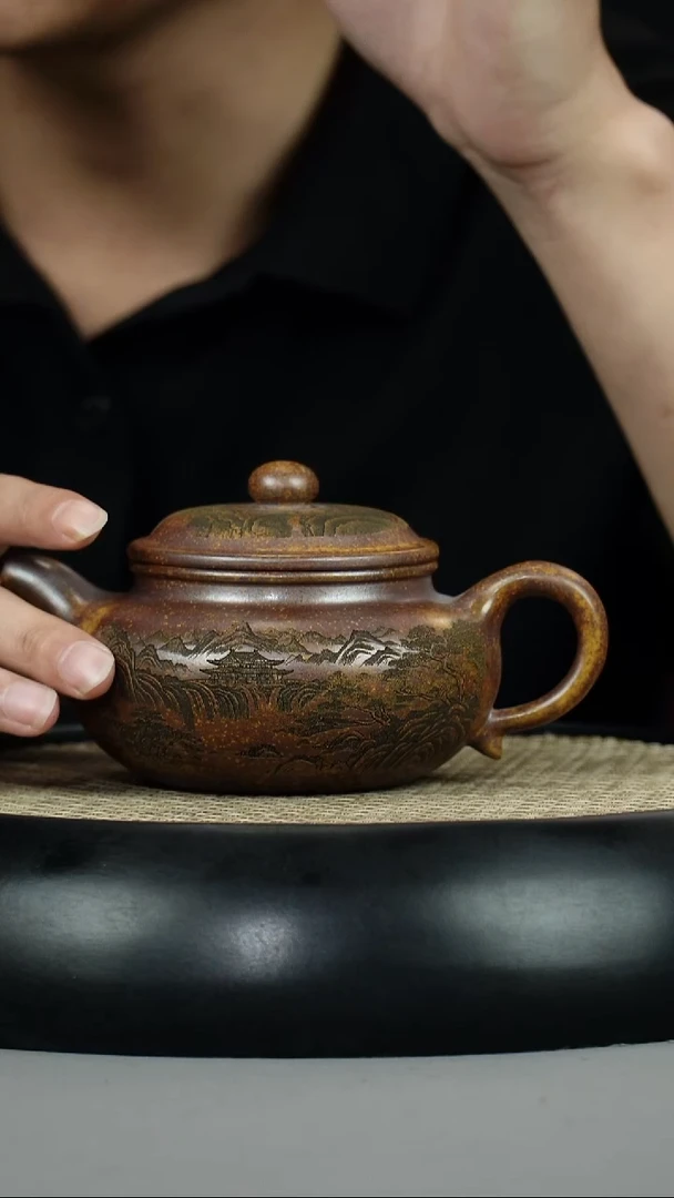 茶壶紫砂龙骨金砂 仿古 刻绘