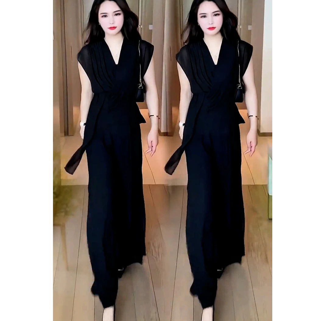 时尚洋气套装女夏季新款减龄显瘦遮肉上衣设计感雪纺阔腿裤两件套