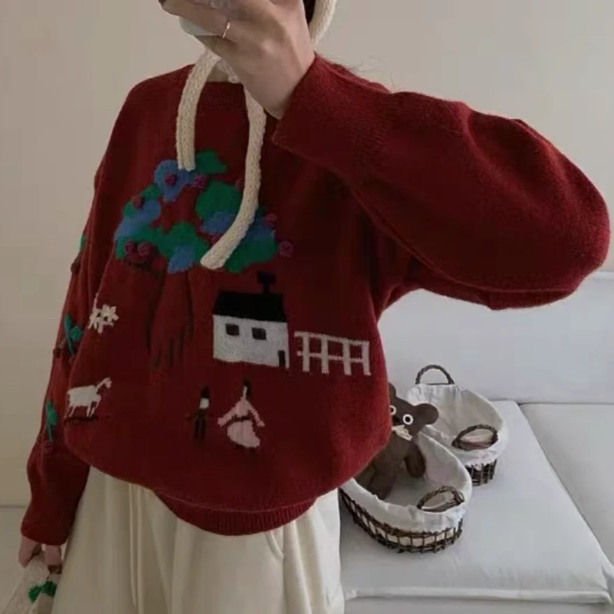 8883#新款重工套头圆领针织衫宽松百搭显瘦小众毛衣上衣