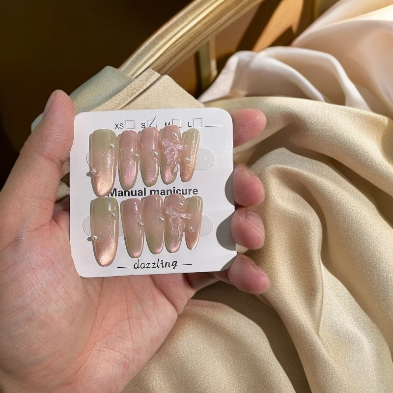 蜜桃青柠纯手工穿戴甲猫眼手绘美甲显白美甲穿戴甲中长款