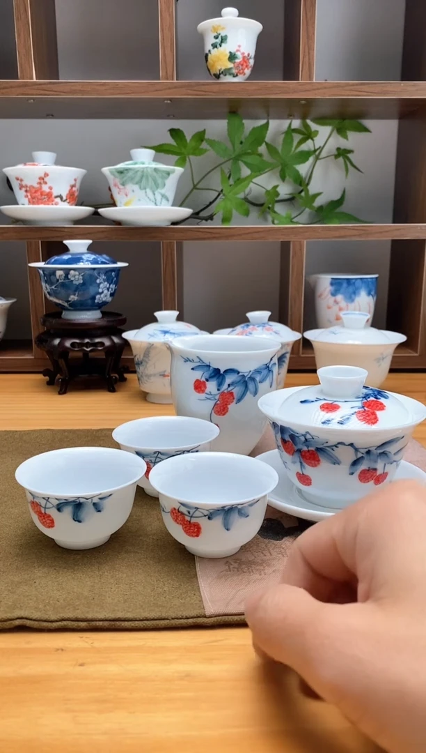 【闪购商品】手绘荔枝套装三才荷香盖碗+公道杯+3荷香杯
