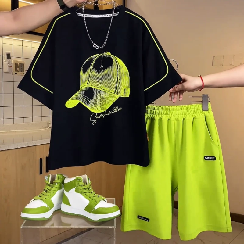 男童夏季套头极简风薄款卡通风套装2025新款洋气帅气潮流套装