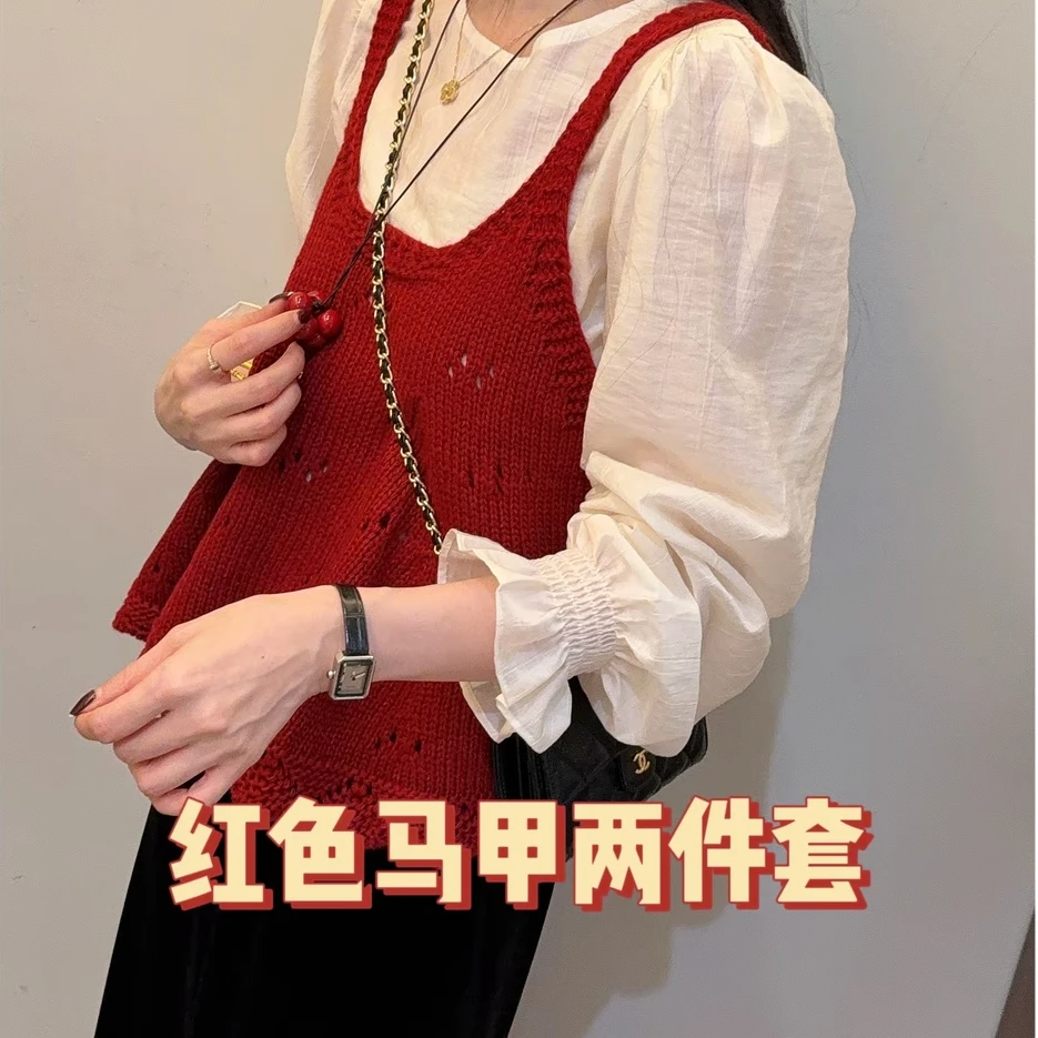 【真两件套】’早秋甜美温柔喇叭袖衬衫搭针织吊带两件套女