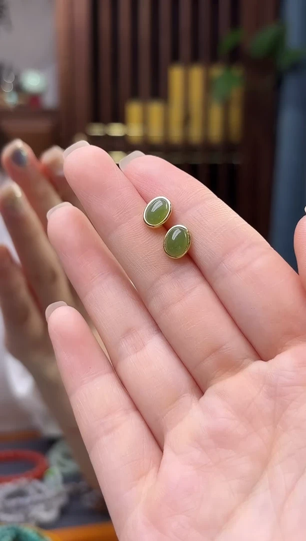 银S925镶嵌和田玉耳饰s925银和田玉蛋面耳钉MY